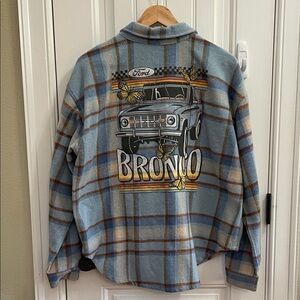 Ford Blue Plaid Shacket with Bronco and Butterflies Design on Back Size Large